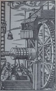 A water wheel depicted in Agricola's 1556 account on the state of the mining industry - De Re Metallica